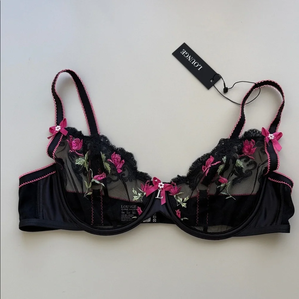 NWT Lounge Bloom Embroidered Balcony Bra 38C Black/Pink